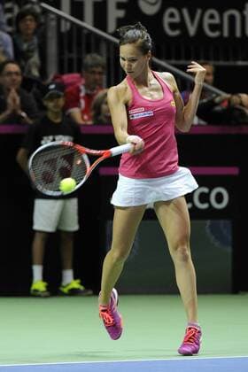 17.04.2016. Messe Luzern, Lucerne, Switzerland. Fed Cup Semi Final. Switzerland Versus Czech Republic. Viktorija Golubic in action in the match between Viktorija Golubic of Switzerland and Barbora Strycova of the Czech Republic xDavidxEmmx  ActionPlus11729307