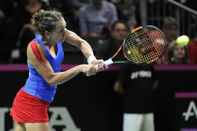 17.04.2016. Messe Luzern, Lucerne, Switzerland. Fed Cup Semi Final. Switzerland Versus Czech Republic. Barbora Strycova in action in the match between Viktorija Golubic of Switzerland and Barbora Strycova of the Czech Republic xDavidxEmmx  ActionPlus11729310