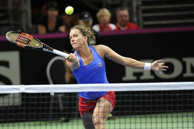 17.04.2016. Messe Luzern, Lucerne, Switzerland. Fed Cup Semi Final. Switzerland Versus Czech Republic. Barbora Strycova in action in the match between Viktorija Golubic of Switzerland and Barbora Strycova of the Czech Republic xDavidxEmmx  ActionPlus11729313