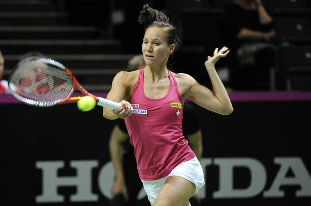 17.04.2016. Messe Luzern, Lucerne, Switzerland. Fed Cup Semi Final. Switzerland Versus Czech Republic. Viktorija Golubic in action in the match between Viktorija Golubic of Switzerland and Barbora Strycova of the Czech Republic xDavidxEmmx  ActionPlus11729315