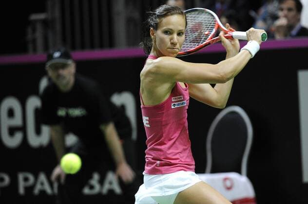 17.04.2016. Messe Luzern, Lucerne, Switzerland. Fed Cup Semi Final. Switzerland Versus Czech Republic. Viktorija Golubic in action in the match between Viktorija Golubic of Switzerland and Barbora Strycova of the Czech Republic xDavidxEmmx  ActionPlus11729317