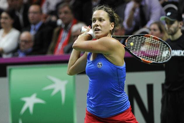 17.04.2016. Messe Luzern, Lucerne, Switzerland. Fed Cup Semi Final. Switzerland Versus Czech Republic. Barbora Strycova in action in the match between Viktorija Golubic of Switzerland and Barbora Strycova of the Czech Republic xDavidxEmmx  ActionPlus11729318