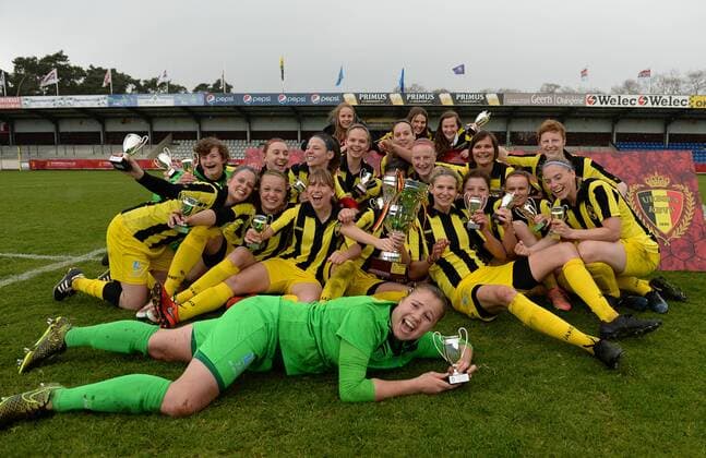 Lierse s players pictured celebrating after winning the Cup after a soccer game between Lierse SK and RSC Anderlecht, the women s cup final in Westerlo, Sunday 17 April 2016. DAVIDxCATRY  x04833807x