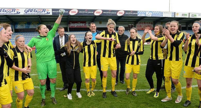 Lierse s players pictured celebrating after winning the Cup after a soccer game between Lierse SK and RSC Anderlecht, the women s cup final in Westerlo, Sunday 17 April 2016. DAVIDxCATRY  x04833829x