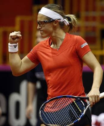 Belgian Kirsten Flipkens celebrates after winning the women s tennis match between Belgian Kirsten Flipkens WTA Tennis Damen 60) and Serbian Jovana Jaksic (WTA 185), game four of the World Group II Play-offs of the Fed Cup Europe Africa Group I, in Belgrade, Serbia, Sunday 17 April 2016. SRDJANxSTEVANOVIC  x04833816x