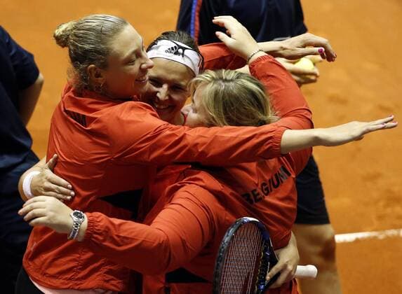 Belgian Yanina Wickmayer, Belgian Kirsten Flipkens and Ann Devries celebrate after the women s tennis match between Belgian Kirsten Flipkens WTA Tennis Damen 60) and Serbian Jovana Jaksic (WTA 185), game four of the World Group II Play-offs of the Fed Cup Europe Africa Group I, in Belgrade, Serbia, Sunday 17 April 2016. SRDJANxSTEVANOVIC  x04834079x
