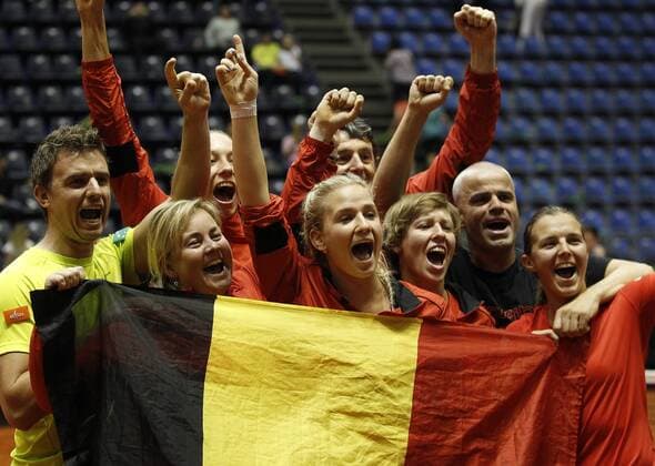 Belgian team celebrates after winning the women s tennis match between Belgian Kirsten Flipkens WTA Tennis Damen 60) and Serbian Jovana Jaksic (WTA 185), game four of the World Group II Play-offs of the Fed Cup Europe Africa Group I, in Belgrade, Serbia, Sunday 17 April 2016. SRDJANxSTEVANOVIC  x04834029x
