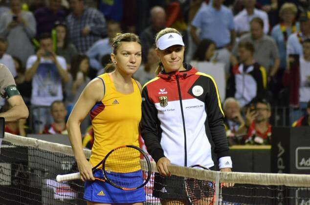Tennis - Fed Cup - WORLD GROUP PLAY-OFF - Romania vs. Germany APR 2016 April 17, 2016: Simona HALEP (ROU) and Angelique KERBER (GER) during the Fed Cup - WORLD GROUP PLAY-OFF - Romania vs. Germany at Polyvalent Hall in Cluj-Napoca, Romania