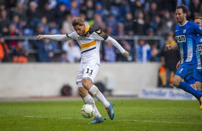 Fußball, 3. Liga, Saison 2015 2016, 34. Spieltag, 1.FC Magdeburg - SG Dynamo Dresden, Samstag (16.04.2016), MDCC - Arena, Magdeburg. Dresdens Justin Eilers erzielt das Tor zum 2:2. RM001