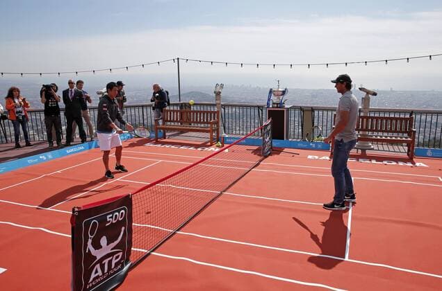 BARCELONA -april 18- SPAIN: Rafa Nadal and Kei Nishikori in the photo presentation of the Open Banc Sabadell tournament in the Tibidabo amusement park, on april 18, 2016. Photo:Joan Valls Urbanandsport Cordon Press  xJoanxValls Urbanandsportx xNADAL-NISHIKORI-PHOTO-PRESENTATION-OPEN-BANC-SABADELL-TENNISx