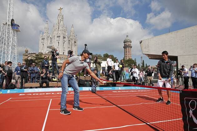 BARCELONA -april 18- SPAIN: Rafa Nadal and Kei Nishikori in the photo presentation of the Open Banc Sabadell tournament in the Tibidabo amusement park, on april 18, 2016. Photo:Joan Valls Urbanandsport Cordon Press  xJoanxValls Urbanandsportx xNADAL-NISHIKORI-PHOTO-PRESENTATION-OPEN-BANC-SABADELL-TENNISx