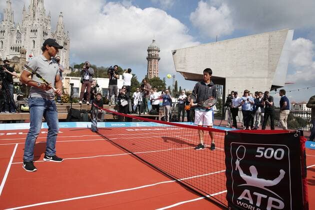 BARCELONA -april 18- SPAIN: Rafa Nadal and Kei Nishikori in the photo presentation of the Open Banc Sabadell tournament in the Tibidabo amusement park, on april 18, 2016. Photo:Joan Valls Urbanandsport Cordon Press  xJoanxValls Urbanandsportx xNADAL-NISHIKORI-PHOTO-PRESENTATION-OPEN-BANC-SABADELL-TENNISx