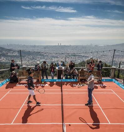 April 18, 2016 - Barcelona, Catalonia, Spain - KEI NISHIKORI (JPN) and RAFAEL NADAL (ESP) inaugurated the 64th Barcelona Open Banc Sabadell playing tennis overlooking the Catalan capital from the top of Tibidabo Mountain. Nishikori And Nadal Inaugurate 64th Barcelona Open Banc Sabadell - ZUMAo105