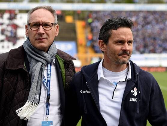 16.04.2016, xfux, Fussball 1.Bundesliga, SV Darmstadt 98 - FC Ingolstadt 04, emspor emonline, v.l. Praesident Ruediger Fritsch (SV Darmstadt 98), Trainer Dirk Schuster (SV Darmstadt 98)