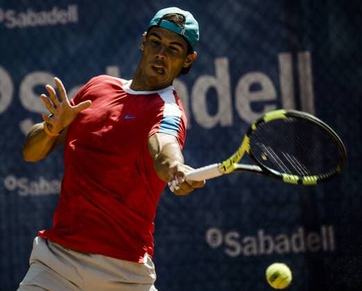 April 19, 2016 - Barcelona, Catalonia, Spain - RAFAEL NADAL (ESP) returns a ball during a training session at the second day of the Barcelona Open Banc Sabadell 2016 Training Sessions Of Top Seeded Players At Barcelona Open 2016 - ZUMAo105