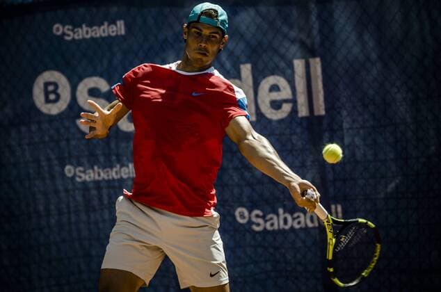 April 19, 2016 - Barcelona, Catalonia, Spain - RAFAEL NADAL (ESP) returns a ball during a training session at the second day of the Barcelona Open Banc Sabadell 2016 Training Sessions Of Top Seeded Players At Barcelona Open 2016 - ZUMAo105