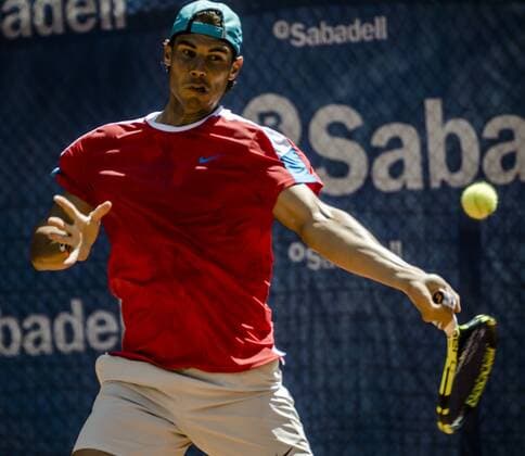 April 19, 2016 - Barcelona, Catalonia, Spain - RAFAEL NADAL (ESP) returns a ball during a training session at the second day of the Barcelona Open Banc Sabadell 2016 Training Sessions Of Top Seeded Players At Barcelona Open 2016 - ZUMAo105