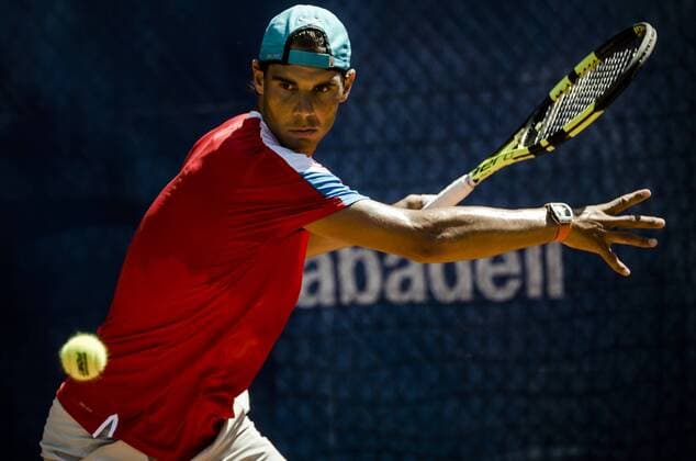 April 19, 2016 - Barcelona, Catalonia, Spain - RAFAEL NADAL (ESP) returns a ball during a training session at the second day of the Barcelona Open Banc Sabadell 2016 Training Sessions Of Top Seeded Players At Barcelona Open 2016 - ZUMAo105