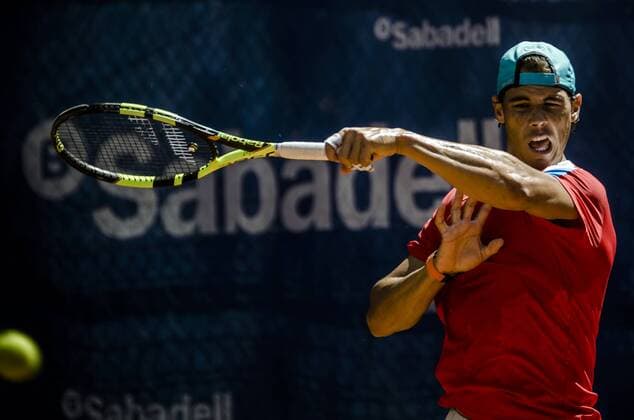 April 19, 2016 - Barcelona, Catalonia, Spain - RAFAEL NADAL (ESP) returns a ball during a training session at the second day of the Barcelona Open Banc Sabadell 2016 Training Sessions Of Top Seeded Players At Barcelona Open 2016 - ZUMAo105