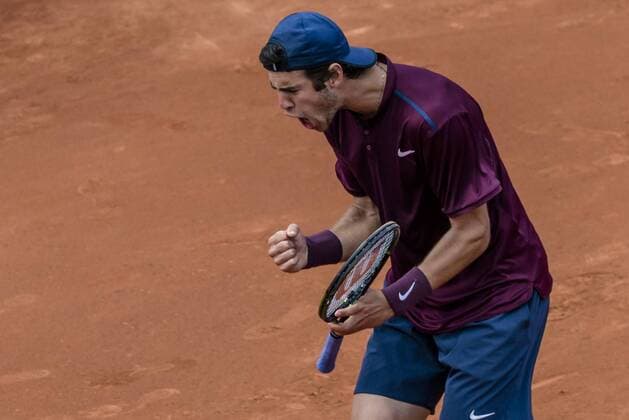 April 19, 2016 - Barcelona, Catalonia, Spain - KAREN KHACHANOV (RUS) reacts as he gains a match ball against Roberto Bautista (ESP) during the 2nd round of the Barcelona Open Banc Sabadell 2016. Khachanov wins in three sets 6-2, 6-7, 6-3 Khachanov Beats Bautista To Reach Round Three Of Barcelona Open - ZUMAo105