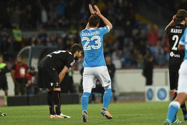 April 19, 2016 - Naples, Italy - Manolo Gabbiadini of SSC Napoli celebrates with team mates during the italian Serie A football match between SSC Napoli and Bologna fc at San Paolo Stadium on February 25, 2016 in Naples,Italy. SSC Napoli and Bologna fc - Serie A  - ZUMAn230