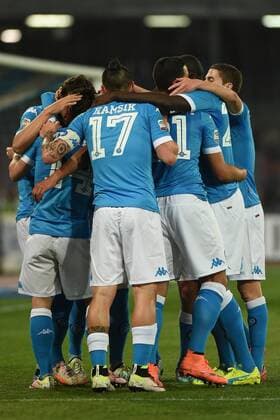 April 19, 2016 - Naples, Italy - Manolo Gabbiadini of SSC Napoli celebrates with team mates during the italian Serie A football match between SSC Napoli and Bologna fc at San Paolo Stadium on February 25, 2016 in Naples,Italy. SSC Napoli and Bologna fc - Serie A  - ZUMAn230