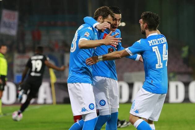 Manolo Gabbiadini Napoli, goal celebration Jose Maria Callejon Napoli, Dries Mertens Napoli, Napoli 19-04-2016 Stadio San Paolo Football Calcio Serie A 2015 2016 Napoli - Bologna cesarexpurini