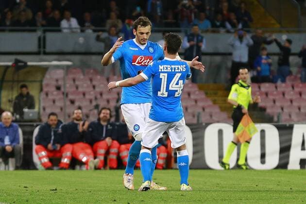 Manolo Gabbiadini Napoli, goal celebration Dries Mertens Napoli, Napoli 19-04-2016 Stadio San Paolo Football Calcio Serie A 2015 2016 Napoli - Bologna cesarexpurini