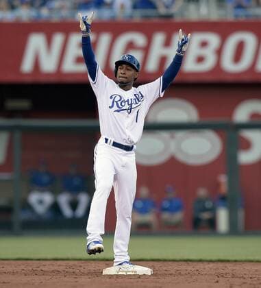 April 19, 2016 - Kansas City, MO, USA - The Kansas City Royals Jarrod Dyson celebrates his RBI hit that scored Kendrys Morales in the second inning against the Detroit Tigers on Tuesday, April 19, 2016, at Kauffman Stadium in Kansas City, Mo. Detroit at Kansas City - ZUMAm67_