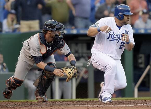 April 19, 2016 - Kansas City, MO, USA - The Kansas City Royals Kendrys Morales, right, scores before the tag from Detroit Tigers catcher Jarrod Saltalamacchia on a hit by Jarrod Dyson in the second inning on Tuesday, April 19, 2016, at Kauffman Stadium in Kansas City, Mo. Detroit at Kansas City - ZUMAm67_