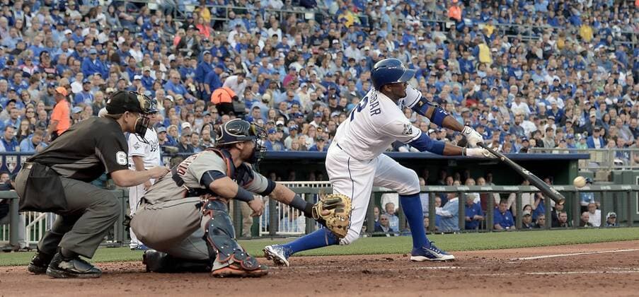 April 19, 2016 - Kansas City, MO, USA - The Kansas City Royals Alcides Escobar connects on a two-run single in front of Detroit Tigers catcher Jarrod Saltalamacchia in the second inning on Tuesday, April 19, 2016, at Kauffman Stadium in Kansas City, Mo. Detroit at Kansas City - ZUMAm67_