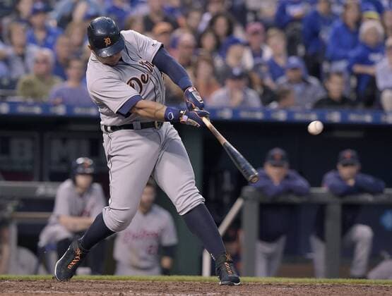 April 19, 2016 - Kansas City, MO, USA - The Detroit Tigers Miguel Cabrera connects on a two-run double in the fifth inning against the Detroit Tigers on Tuesday, April 19, 2016, at Kauffman Stadium in Kansas City, Mo. Detroit at Kansas City - ZUMAm67_