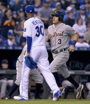 April 19, 2016 - Kansas City, MO, USA - The Detroit Tigers Ian Kinsler (3) scores past Kansas City Royals starting pitcher Yordano Ventura on a double by Miguel Cabrera in the fifth inning on Tuesday, April 19, 2016, at Kauffman Stadium in Kansas City, Mo. Detroit at Kansas City - ZUMAm67_