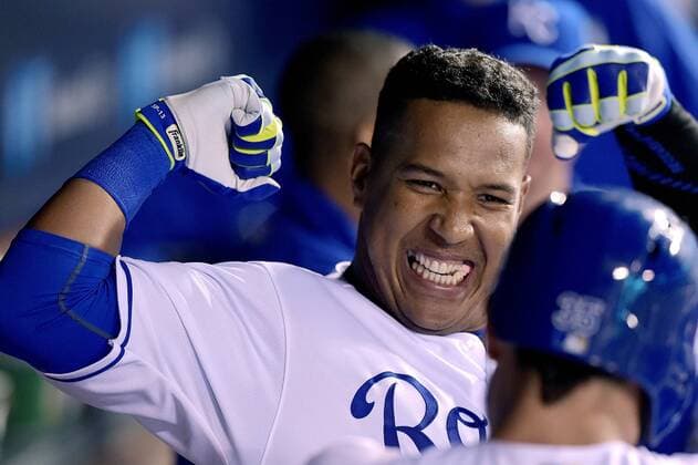 April 19, 2016 - Kansas City, MO, USA - The Kansas City Royals Salvador Perez celebrates his three-run home run in the fifth inning against the Detroit Tigers on Tuesday, April 19, 2016, at Kauffman Stadium in Kansas City, Mo. Detroit at Kansas City - ZUMAm67_