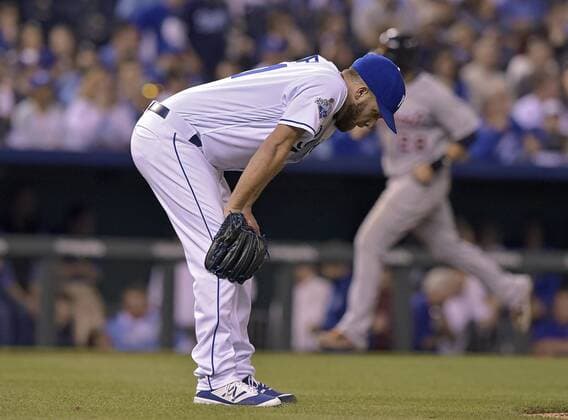 April 19, 2016 - Kansas City, MO, USA - Kansas City Royals pitcher Danny Duffy reacts to allowing a three-run home run to the Detroit Tigers Jarrod Saltalamacchia in the seventh inning on Tuesday, April 19, 2016, at Kauffman Stadium in Kansas City, Mo. Detroit at Kansas City - ZUMAm67_