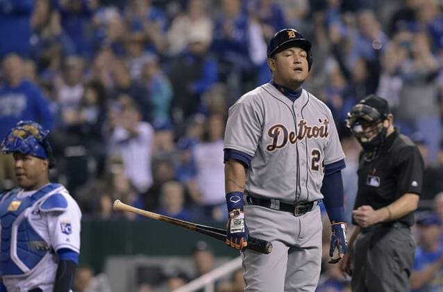 April 19, 2016 - Kansas City, MO, USA - The Detroit Tigers Miguel Cabrera walks back to the dugout after striking out with the bases loaded in the eighth inning agains the Kansas City Royals on Tuesday, April 19, 2016, at Kauffman Stadium in Kansas City, Mo. The Royals won, 8-6. Detroit at Kansas City - ZUMAm67_
