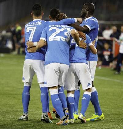 Italy: SSC Napoli beats Bologna with 6-0 score The team celebrates Dries Mertens after scoring during the Serie A match between SSC Napoli and Bologna at San Paolo stadium where SSC Napoli wins over Bologna at 6-0.  ErnestoxVicinanza