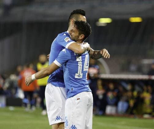 Italy: SSC Napoli beats Bologna with 6-0 score Marek Hamsik (left) celebrates Dries Mertens after scoring during the Serie A match between SSC Napoli and Bologna at San Paolo stadium where SSC Napoli wins over Bologna at 6-0.  ErnestoxVicinanza