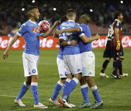 Italy: SSC Napoli beats Bologna with 6-0 score The team celebrates Dries Mertens after scoring during the Serie A Match between SSC Napoli and Bologna at San Paolo stadium where SSC Napoli wins over Bologna at 6-0.  ErnestoxVicinanza