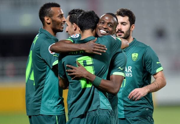 (160420) -- DOHA, April 20, 2016 -- Players of Al Ahli celebrate after scoring during the AFC Asian Champions League Group D football match between Saudi Arabia s Al Ahli and Qatar s El Jaish in Doha, Qatar, April 19, 2016. Al Ahli won 4-1. ) (SP)QATAR-DOHA-SOCCER-AFC ASIAN CHAMPIONS LEAGUE Nikku 