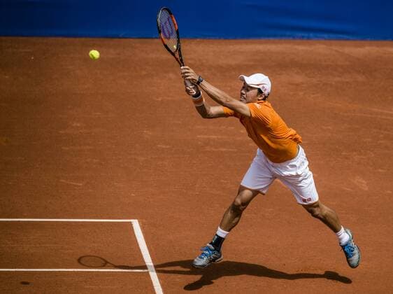 April 20, 2016 - Barcelona, Catalonia, Spain - KEI NISHIKORI (JAP) returns a ball to Thiemo de Bakker (NED) during the 2nd round of the Barcelona Open Banc Sabadell 2016. Nishikori wins 6-4, 6-2 Nishikori Beats De Bakker To Reach Round Three Of Barcelona Open - ZUMAo105