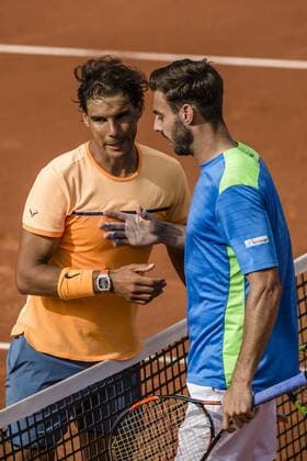 April 20, 2016 - Barcelona, Catalonia, Spain - RAFAEL NADAL (ESP) is congratulated by Marcel Granollers (ESP) after their match in the 2nd round of the Barcelona Open Banc Sabadell 2016. Nadal wins 6-3, 6-2 Nadal Beats Granollers To Reach Round Three Of Barcelona Open - ZUMAo105