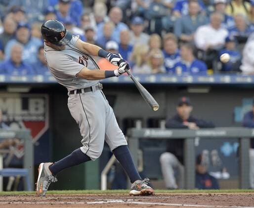 April 20, 2016 - Kansas City, MO, USA - The Detroit Tigers Ian Kinsler connects on an RBI double in the third inning against the Kansas City Royals on Wednesday, April 20, 2016, at Kauffman Stadium in Kansas City, Mo. Detroit at Kansas City - ZUMAm67_