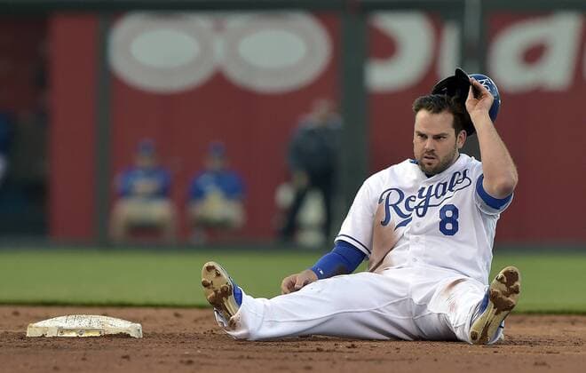 April 20, 2016 - Kansas City, MO, USA - The Kansas City Royals Mike Moustakas sits behind second base after being caught trying to steal second to end the third inning against the Detroit Tigers on Wednesday, April 20, 2016, at Kauffman Stadium in Kansas City, Mo. Detroit at Kansas City - ZUMAm67_