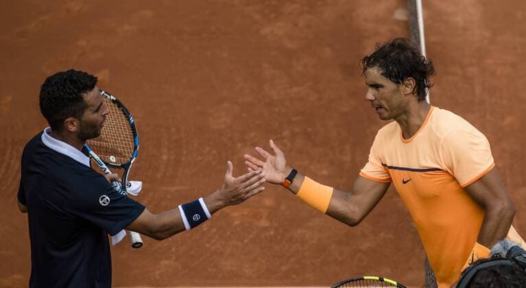 April 21, 2016 - Barcelona, Catalonia, Spain - RAFAEL NADAL (ESP) is congratulated by Albert Montanes (ESP) during the 3rd round of the Barcelona Open Banc Sabadell 2016. Nadal wins 6-2, 6-2 Nadal Reaches Quarter Finals At Barcelona Open 2016 - ZUMAo105