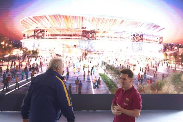 FC Barcelona Barca s captains, Argentinian striker Leo Messi (R) chats with team s delegate Carles Naval (L) during the presentation of the scale model of the new stadium during an act held at Camp Nou stadium in Barcelona, Catalonia, Spain on 21 April 2016. The new stadium, that will be finished in the 2021-22 seasson, will cost 420 euro millions and will began when the debt of the team will fall over 200 euro millions, currently is on 328 millions. Presentation of the scale model of the new stadium !ACHTUNG: NUR REDAKTIONELLE NUTZUNG!  20160421-635968568231947740