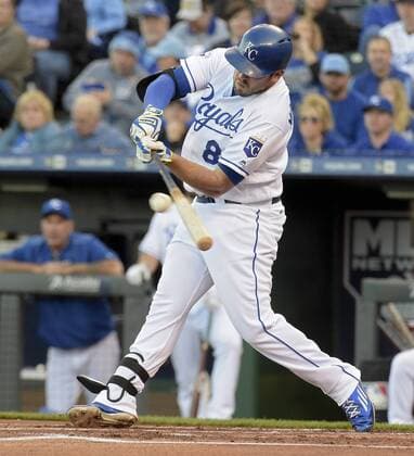 April 21, 2016 - Kansas City, MO, USA - The Kansas City Royals Mike Moustakas connects on a single in the first inning against the Detroit Tigers on Thursday, April 21, 2016, at Kauffman Stadium in Kansas City, Mo. Detroit at Kansas City - ZUMAm67_