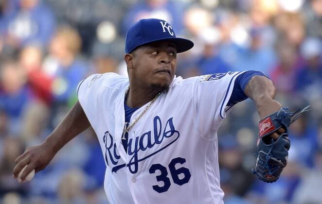 April 21, 2016 - Kansas City, MO, USA - Kansas City Royals pitcher Edinson Volquez throws in the first inning against the Detroit Tigers on Thursday, April 21, 2016, at Kauffman Stadium in Kansas City, Mo. Detroit at Kansas City - ZUMAm67_
