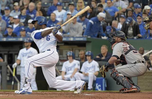 April 21, 2016 - Kansas City, MO, USA - The Kansas City Royals Lorenzo Cain follows through on an RBI single in the first inning against the Detroit Tigers on Thursday, April 21, 2016, at Kauffman Stadium in Kansas City, Mo. Detroit at Kansas City - ZUMAm67_