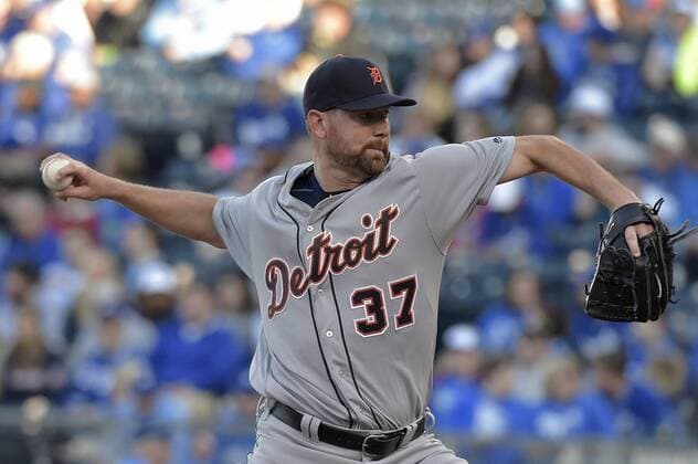 April 21, 2016 - Kansas City, MO, USA - Detroit Tigers pitcher Mike Pelfrey throws in the first inning against the Kansas City Royals on Thursday, April 21, 2016, at Kauffman Stadium in Kansas City, Mo. Detroit at Kansas City - ZUMAm67_